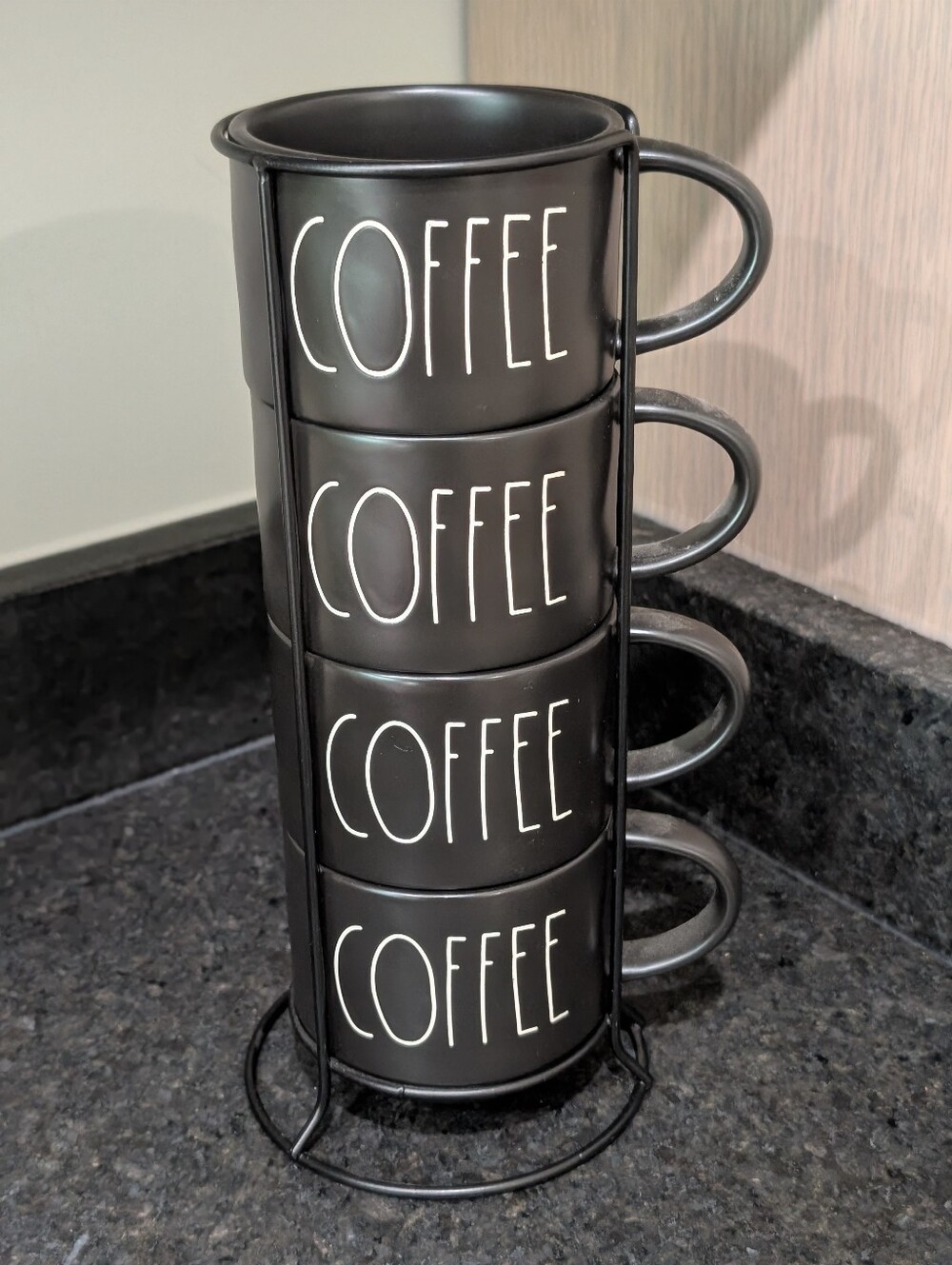 Rae Dunn Black Stackable Coffee Mug Tower with White 'COFFEE' Lettering